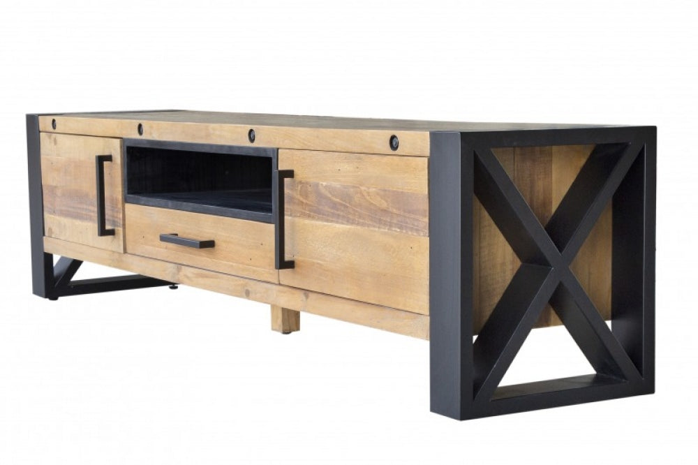 Comoda TV din Lemn masiv de pin si Metal Maro/ Negru Thor L200xH50cm