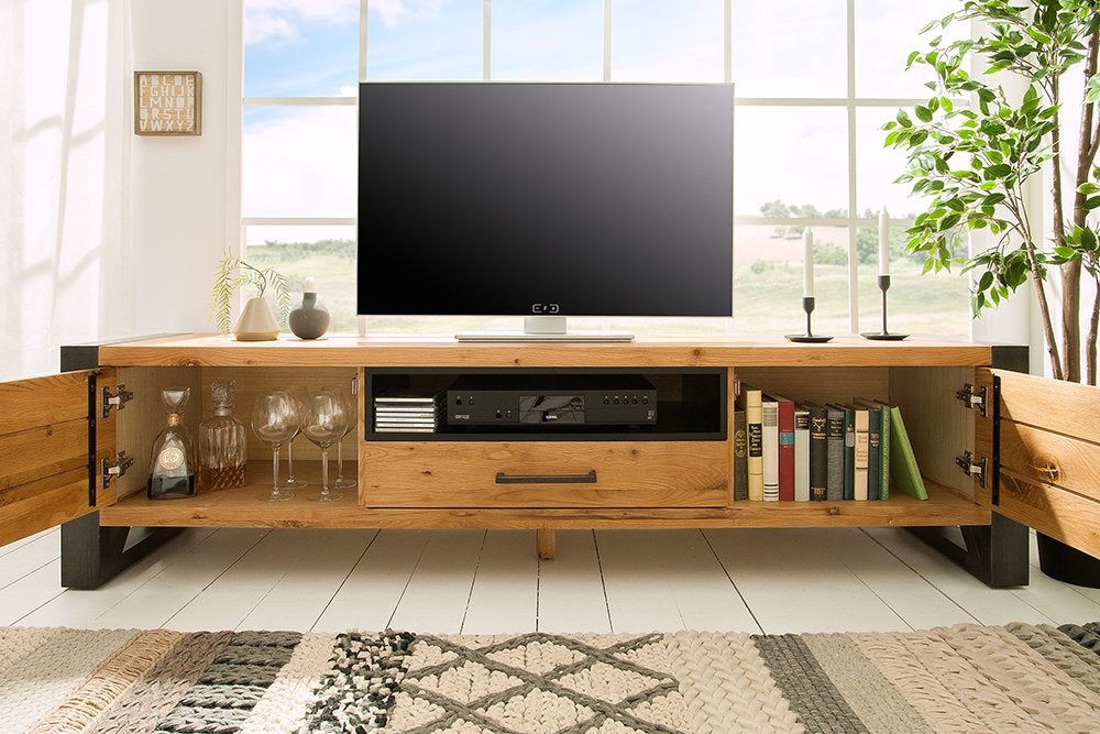 Comoda TV din Lemn masiv de stejar si Metal Maro/ Negru Thor L200xH50cm