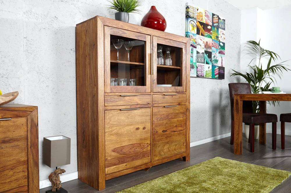 Dulap din lemn masiv de sheesham cu vitrina L120xH140cm Lagos