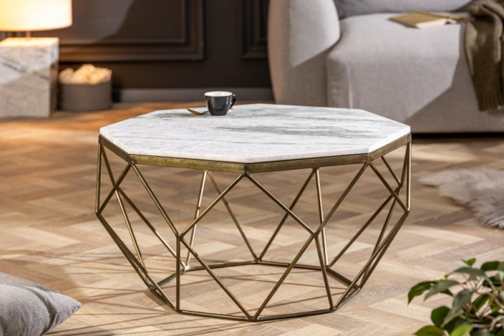Masuta de cafea asimetrica din marmura si Metal Alb/Auriu L69xH38cm Diamond