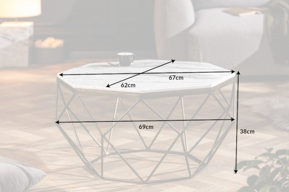 Masuta de cafea asimetrica din marmura si Metal Alb/Auriu L69xH38cm Diamond