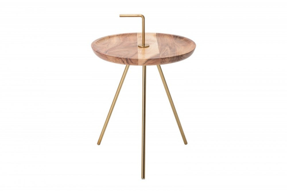 Masuta de colt rotunda din lemn masiv de salcam si Metal Maro/Auriu D36xH44cm SimplyClever