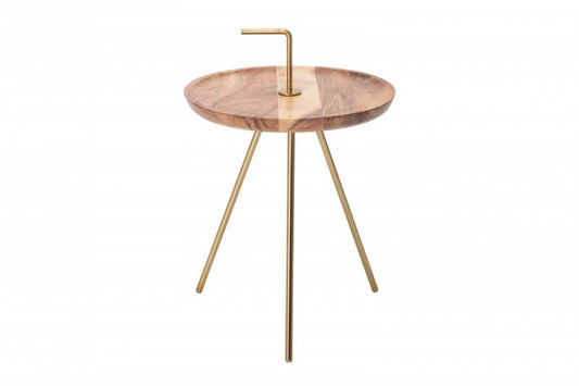 Masuta de colt rotunda din lemn masiv de salcam si Metal Maro/Auriu D36xH44cm SimplyClever