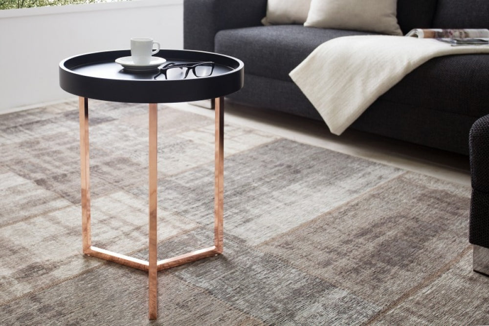 Masuta de colt rotunda din lemn masiv si Metal Negru/Rose Gold D40xH50cm Modular