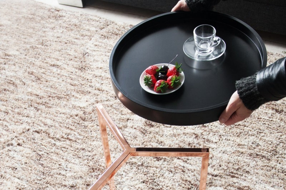 Masuta de colt rotunda din lemn masiv si Metal Negru/Rose Gold D40xH50cm Modular