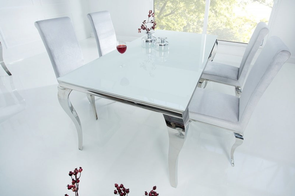 Masa dreptunghiulara din Sticla securizata Alb/Argintiu de 6 persoane L180x90cm Baroque