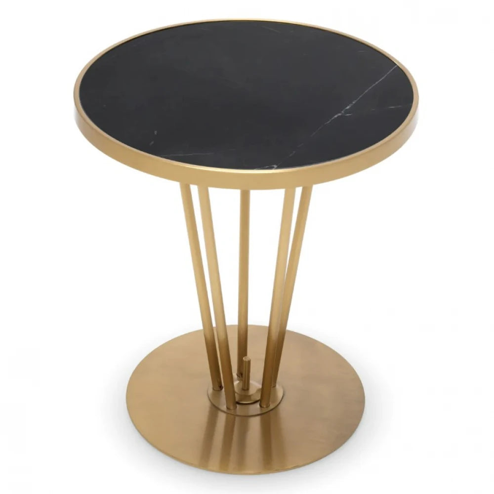 Masuta de colt HORATIO cu blat din marmura negru si structura din alama auriu matuit D49xH54cm