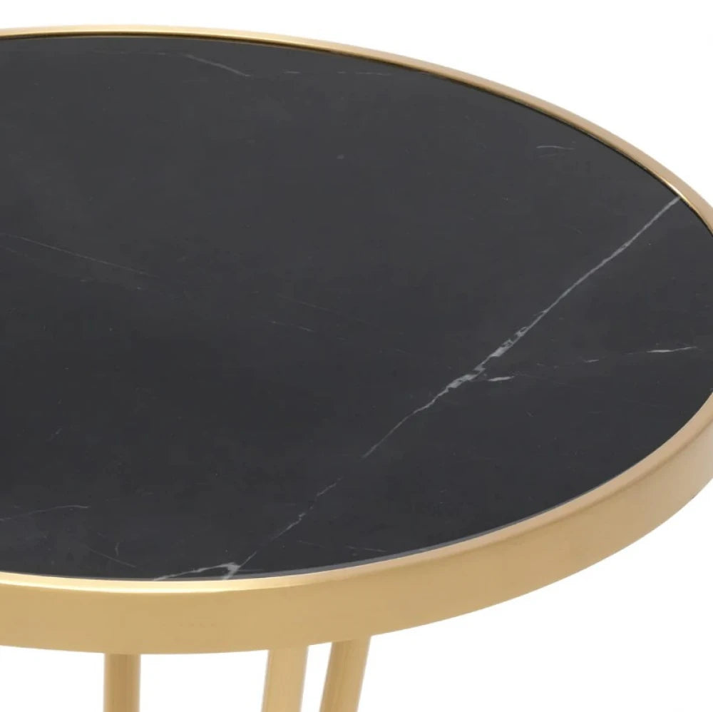 Masuta de colt HORATIO cu blat din marmura negru si structura din alama auriu matuit D49xH54cm