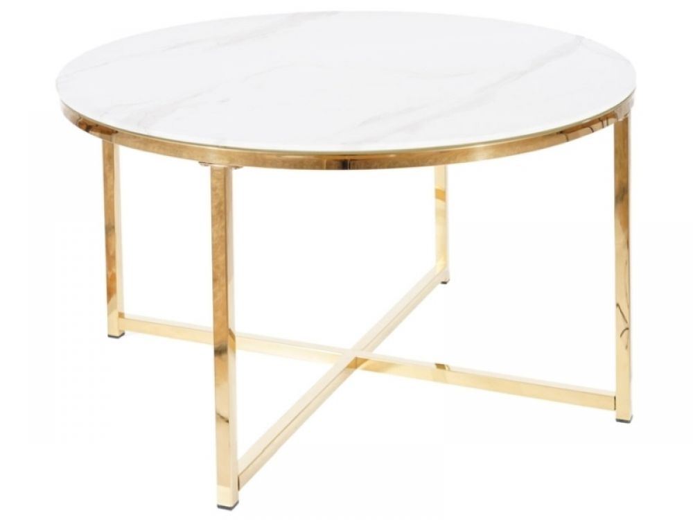 Masuta de cafea rotunda din sticla securizata si otel inoxidabil Alb/Auriu D80xH45cm Salma