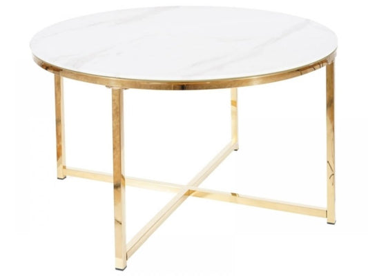 Masuta de cafea rotunda din sticla securizata si otel inoxidabil Alb/Auriu D80xH45cm Salma