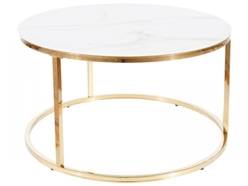 Masuta de cafea rotunda din sticla securizata si otel inoxidabil Alb/Auriu D80xH45cm Sabine