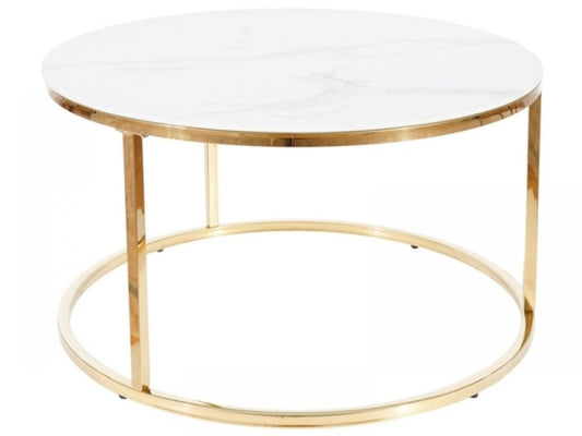 Masuta de cafea rotunda din sticla securizata si otel inoxidabil Alb/Auriu D80xH45cm Sabine