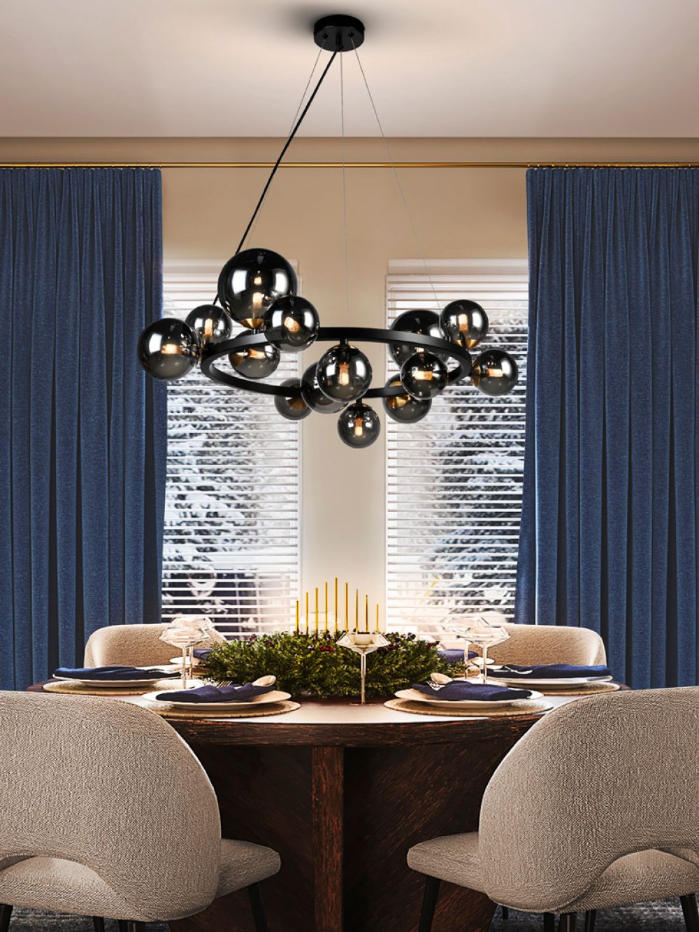 Lustra rotunda din Metal Negru, cu abajur din Sticla Negru, cu 14 becuri G9 Astros