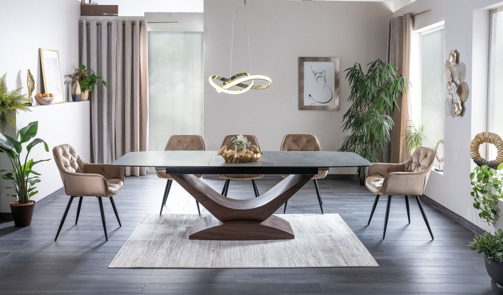 Masa dreptunghiulara extensibila din Ceramica si MDF Gri/Maro Dolce L180-240xH76cm