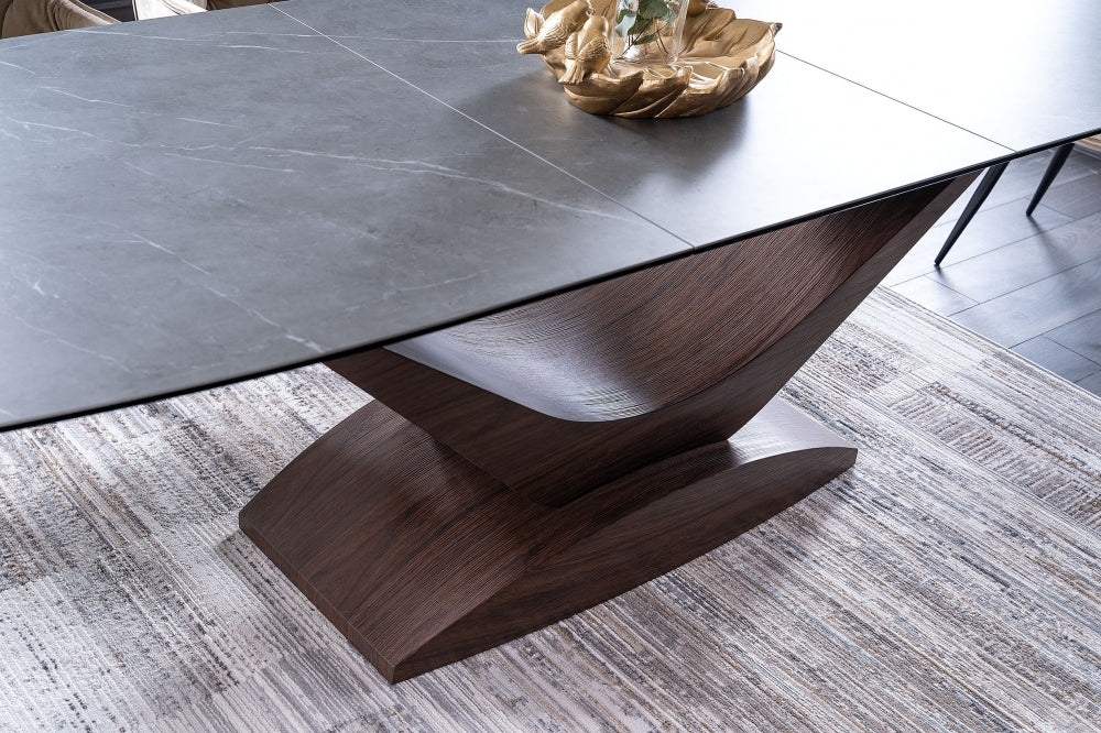 Masa dreptunghiulara extensibila din Ceramica si MDF Gri/Maro Dolce L180-240xH76cm