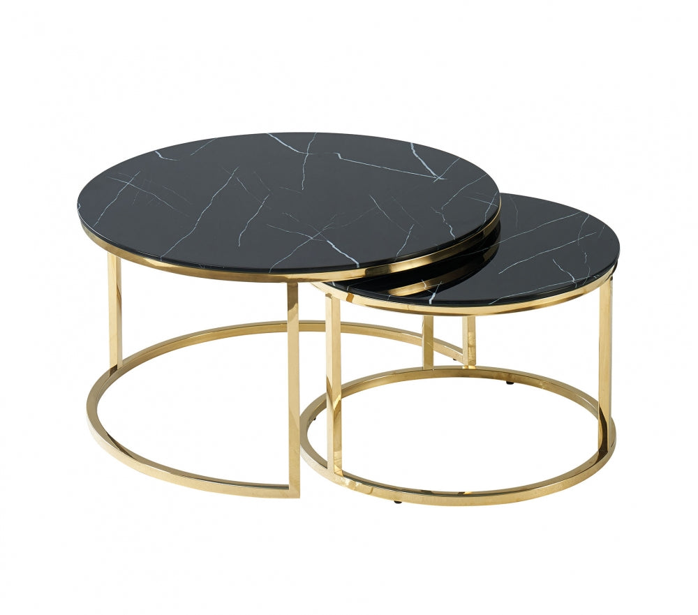 Set 2 masute de cafea Rotunde din Sticla securizata si Otel inoxidabil Negru/Auriu Muse D60/80xH40/45cm