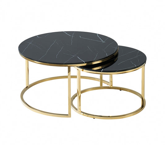 Set 2 masute de cafea Rotunde din Sticla securizata si Otel inoxidabil Negru/Auriu Muse D60/80xH40/45cm