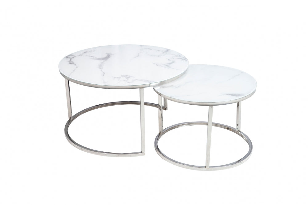 Set 2 masute de cafea Rotunde din Sticla securizata si Metal Alb/Argintiu Atlanta D60/80xH42/45cm