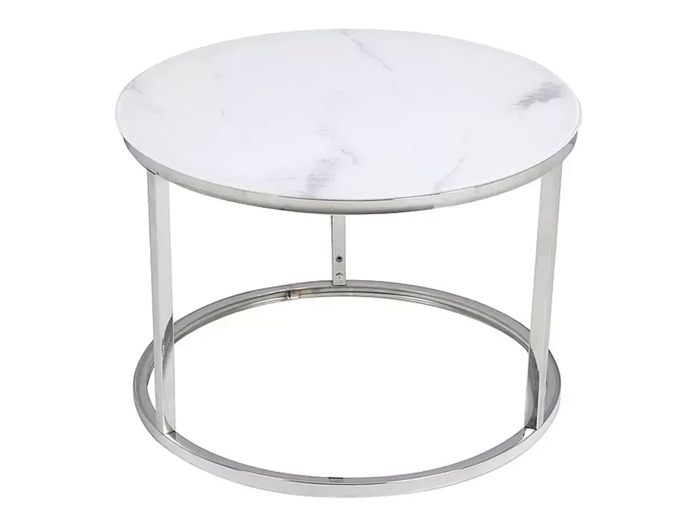 Set 2 masute de cafea Rotunde din Sticla securizata si Metal Alb/Argintiu Atlanta D60/80xH42/45cm