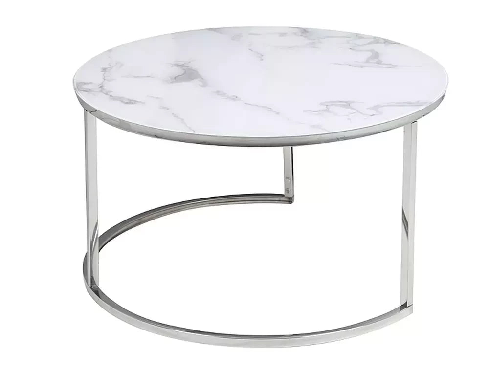 Set 2 masute de cafea Rotunde din Sticla securizata si Metal Alb/Argintiu Atlanta D60/80xH42/45cm