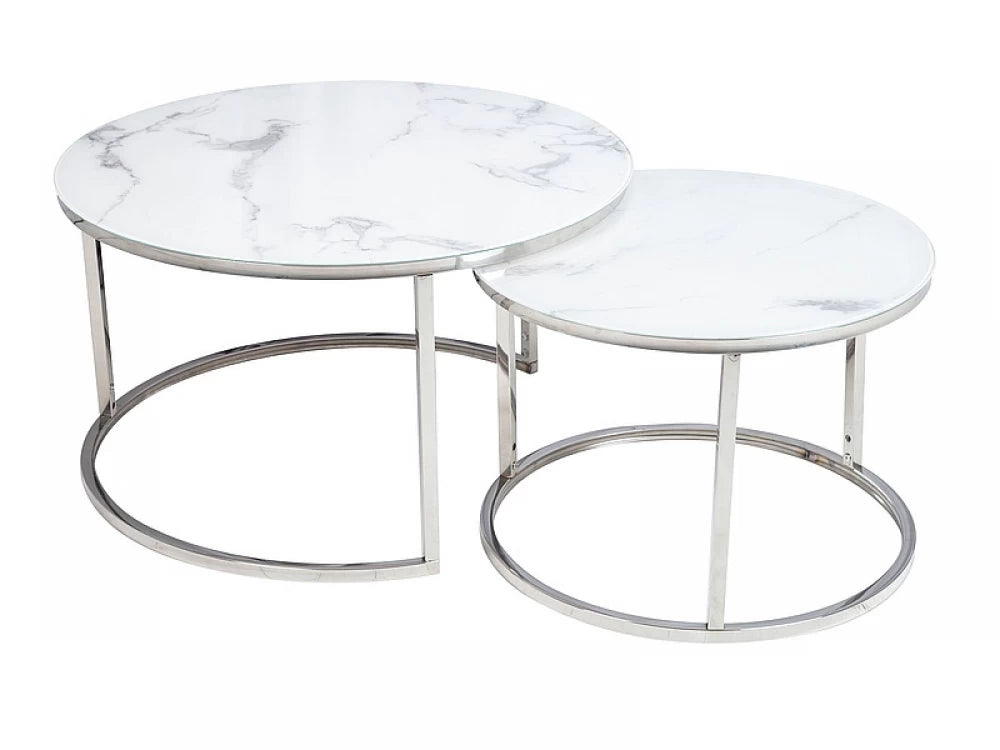 Set 2 masute de cafea Rotunde din Sticla securizata si Metal Alb/Argintiu Atlanta D60/80xH42/45cm