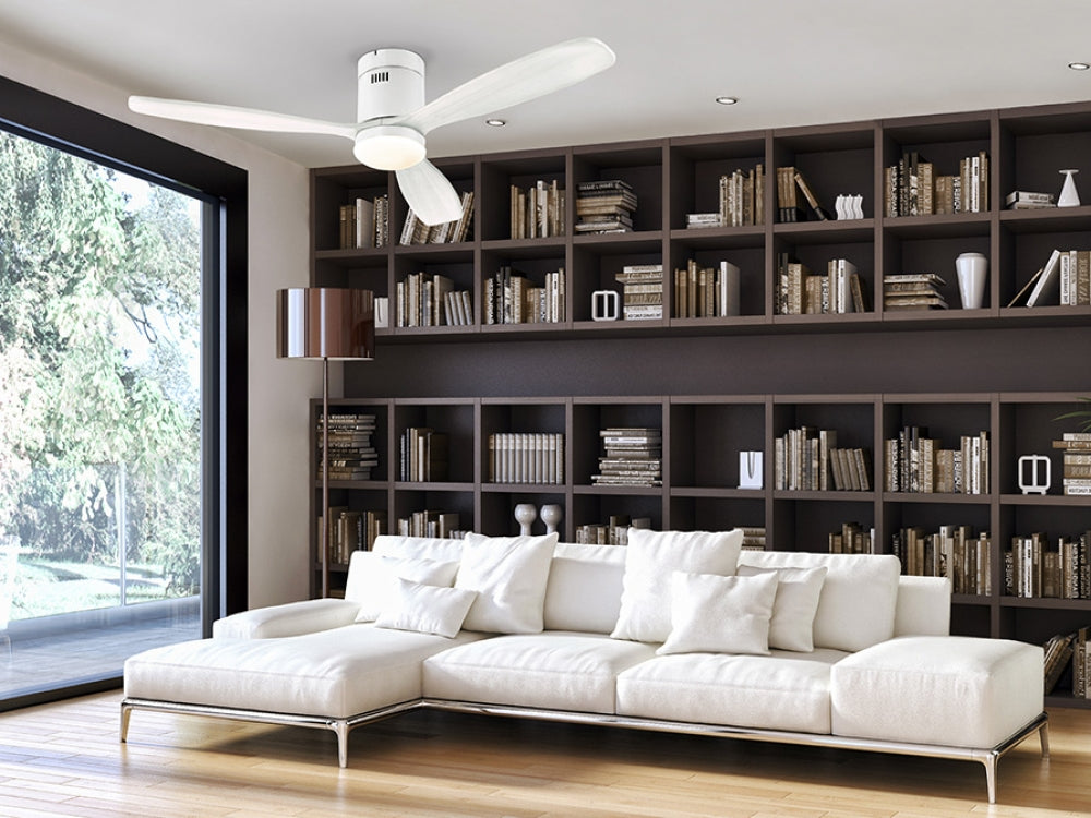 Ventilator de tavan cu lumina LED din Metal si Lemn Alb D132xH30 Siroco