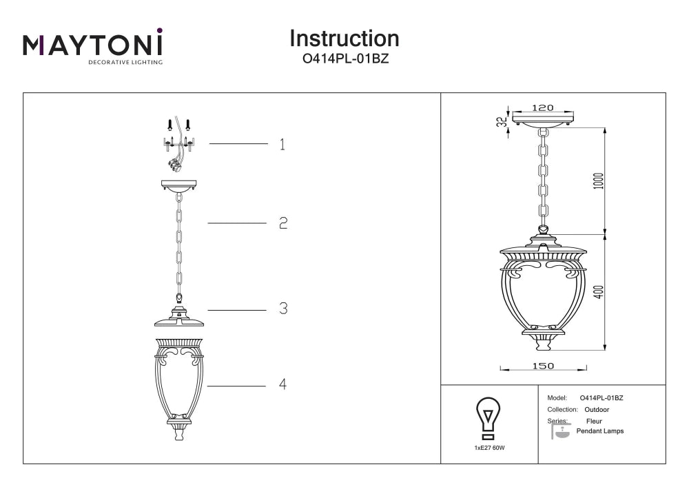 Pendul exterior cu inaltime reglabila cu 1 becuri E27 60W L15x40xHcm Fleur