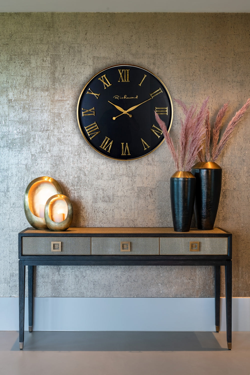 Consola din Lemn de stejar si Piele ecologica Negru/Bej L165xH92cm Bloomville Richmond Interiors