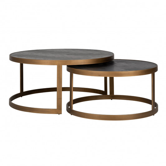 Set 2 masute de cafea Rotunda din Otel inoxidabil si Lemn de stejar Auriu antichizat/Negru D92/74xH37/42cm Blackbone Richmond Interiors