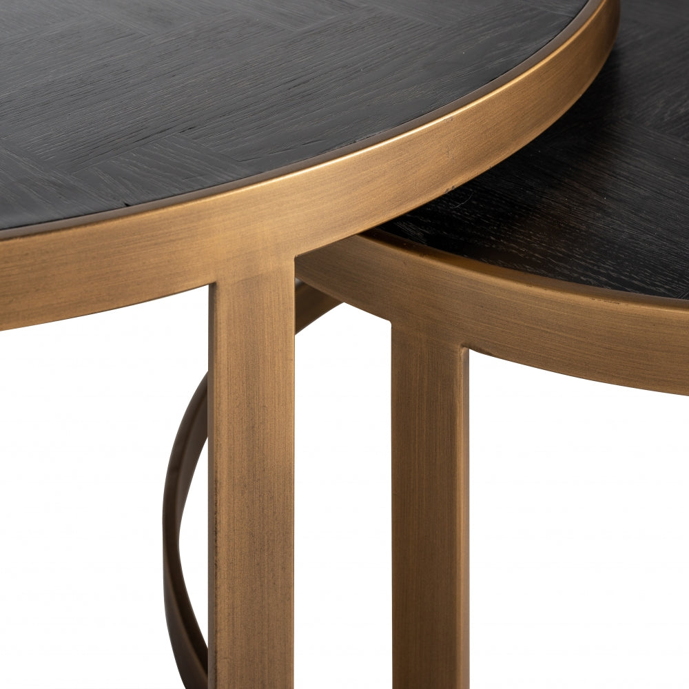 Set 2 masute de cafea Rotunda din Otel inoxidabil si Lemn de stejar Auriu antichizat/Negru D92/74xH37/42cm Blackbone Richmond Interiors