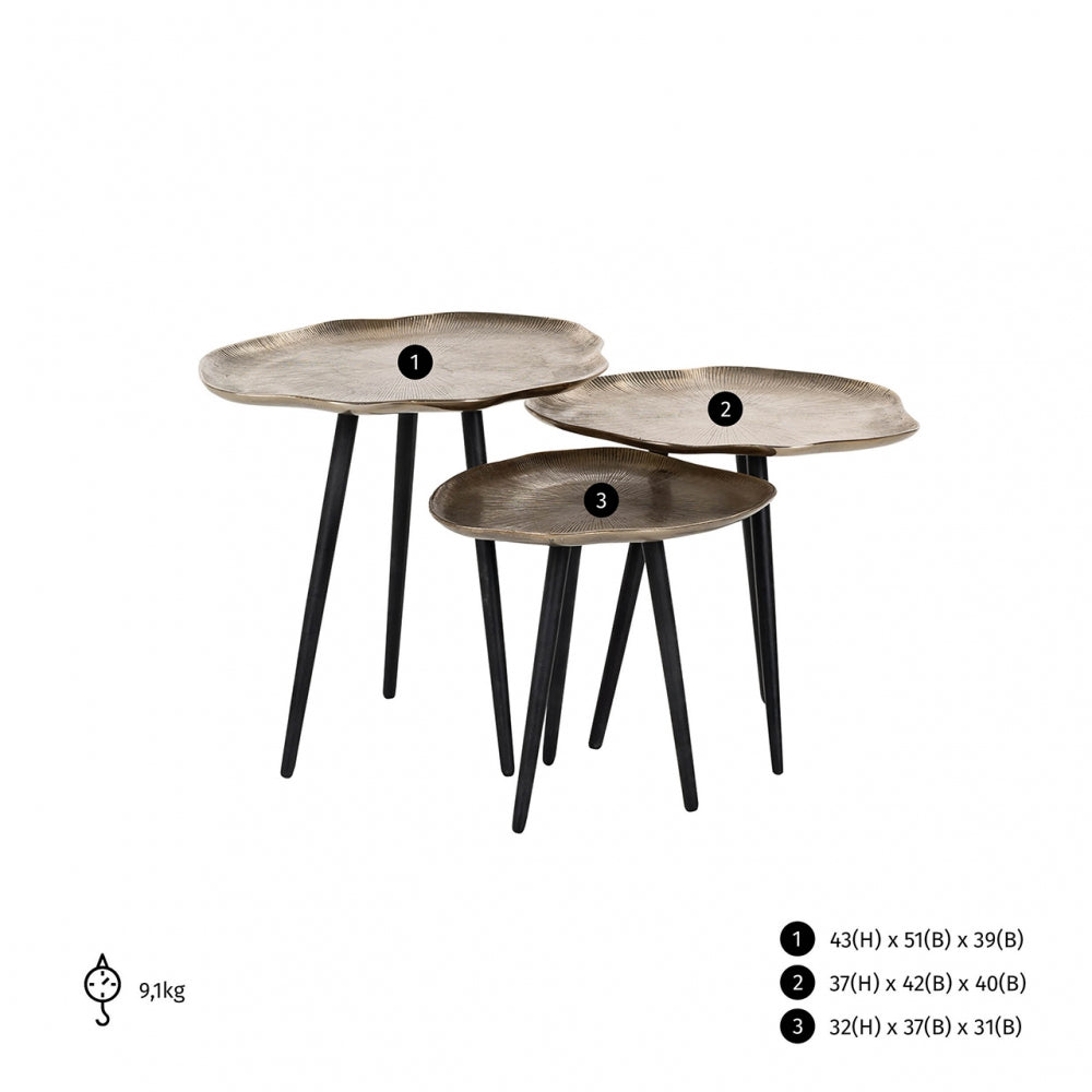 Set 3 masute de cafea Asimetrica din Aluminiu Negru/Auriu antichizat L51xH43cm Volenta Richmond Interiors
