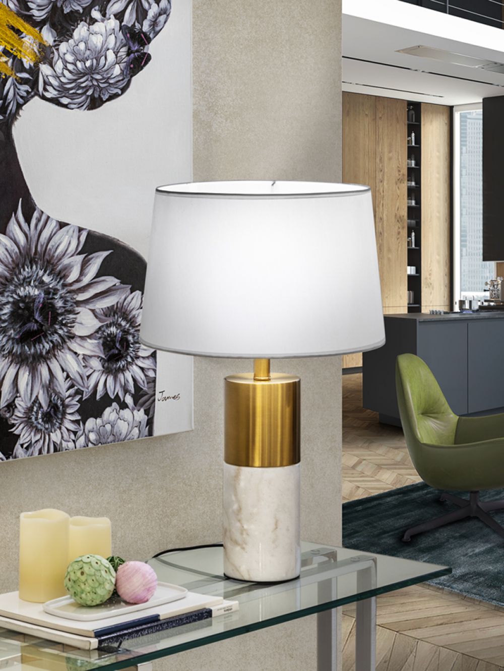 Veioza din Metal si Textil Bronz/Alb H61xD38cm Lucian