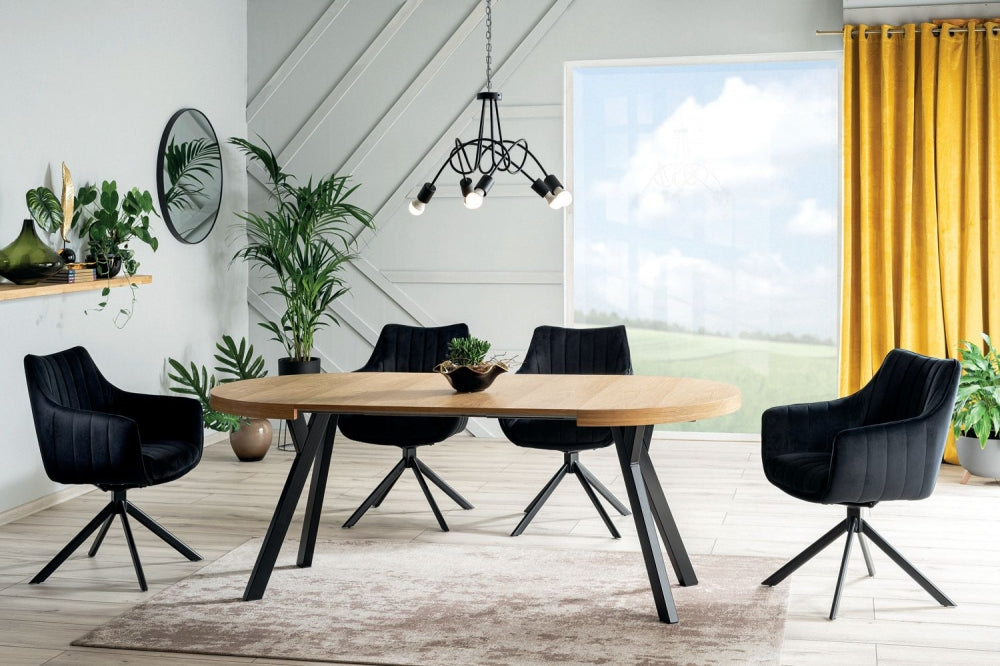 Masa extensibila cu blat din Furnir natural Bej si structura din Metal Negru de 12 persoane L100-250x100cm Domingo