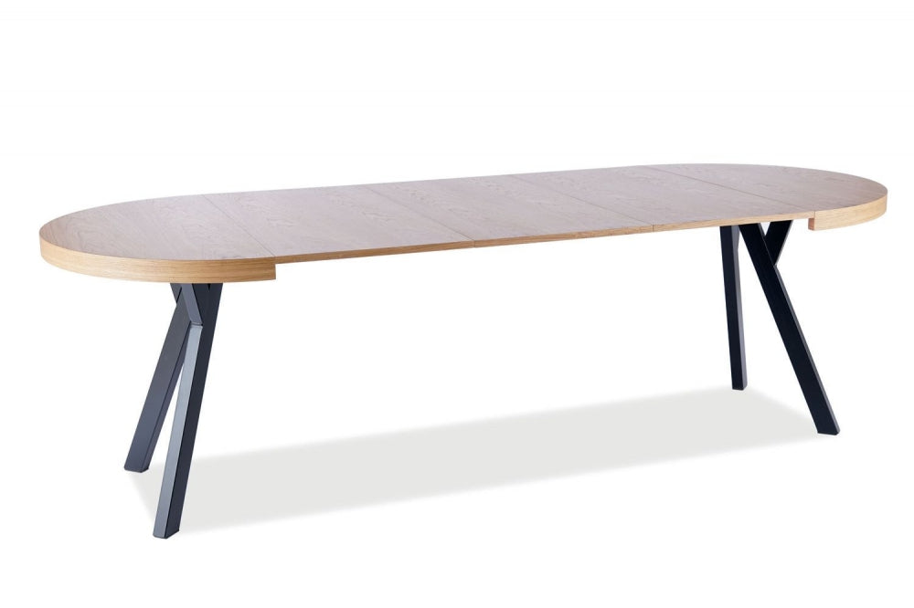 Masa extensibila cu blat din Furnir natural Bej si structura din Metal Negru de 12 persoane L100-250x100cm Domingo