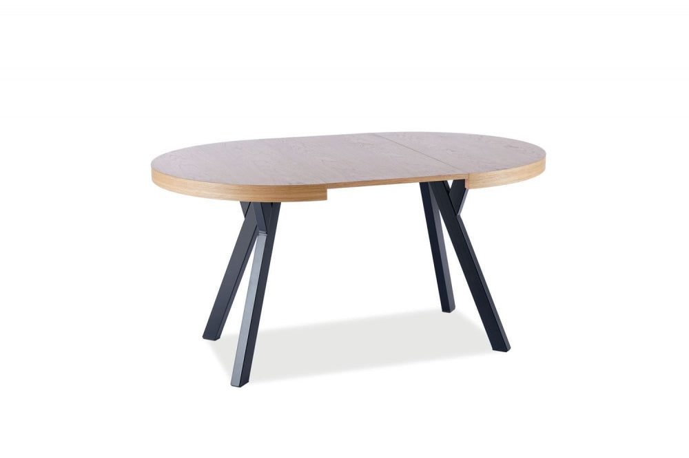 Masa extensibila cu blat din Furnir natural Bej si structura din Metal Negru de 12 persoane L100-250x100cm Domingo