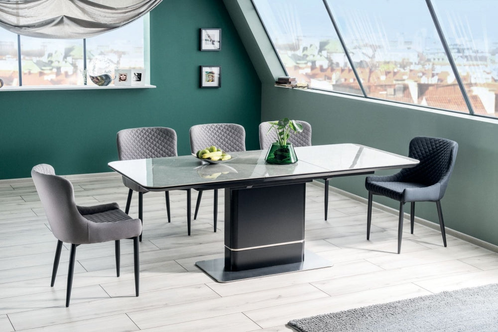 Masa extensibila Dreptunghiulara cu blat din Ceramica Gri si structura din Metal Negru de 8 persoane L160-210x90cm Pallas