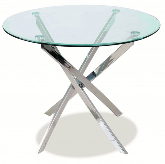 Masa Rotunda cu blat din Sticla securizata Transparenta si structura din Metal Argintiu de 4 persoane D90cm Agis