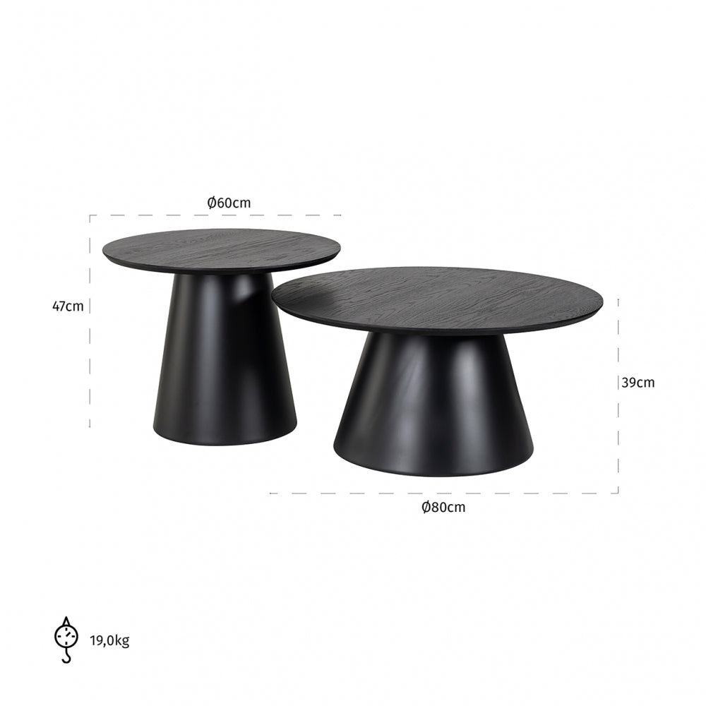 Set 2 masute de cafea Rotunda din MDF si Metal Negru/Negru D60/80xH39/47cm Jazz Richmond Interiors
