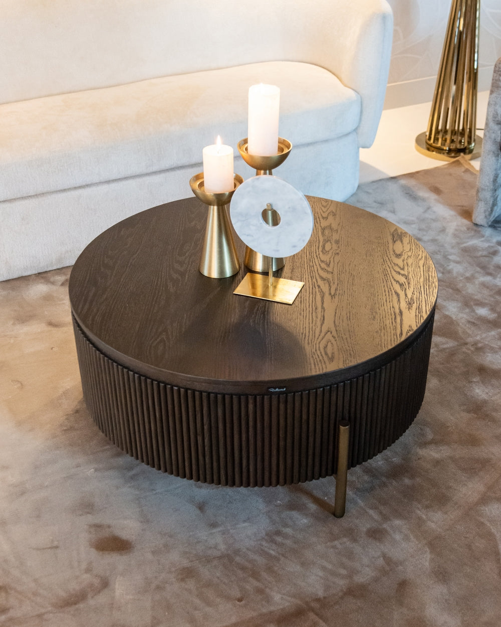 Masuta de cafea Rotunda din Lemn de stejar si Metal Maro/Bronz D95xH42cm Luxor Richmond Interiors