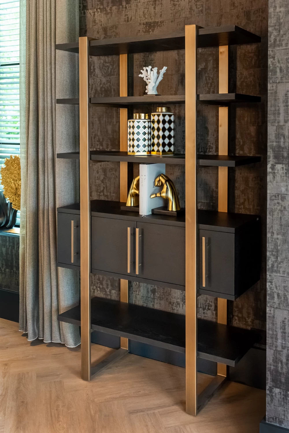 Biblioteca din Metal si Furnir de stejar Bronz/Negru L116xH200cm Cambon Richmond Interiors
