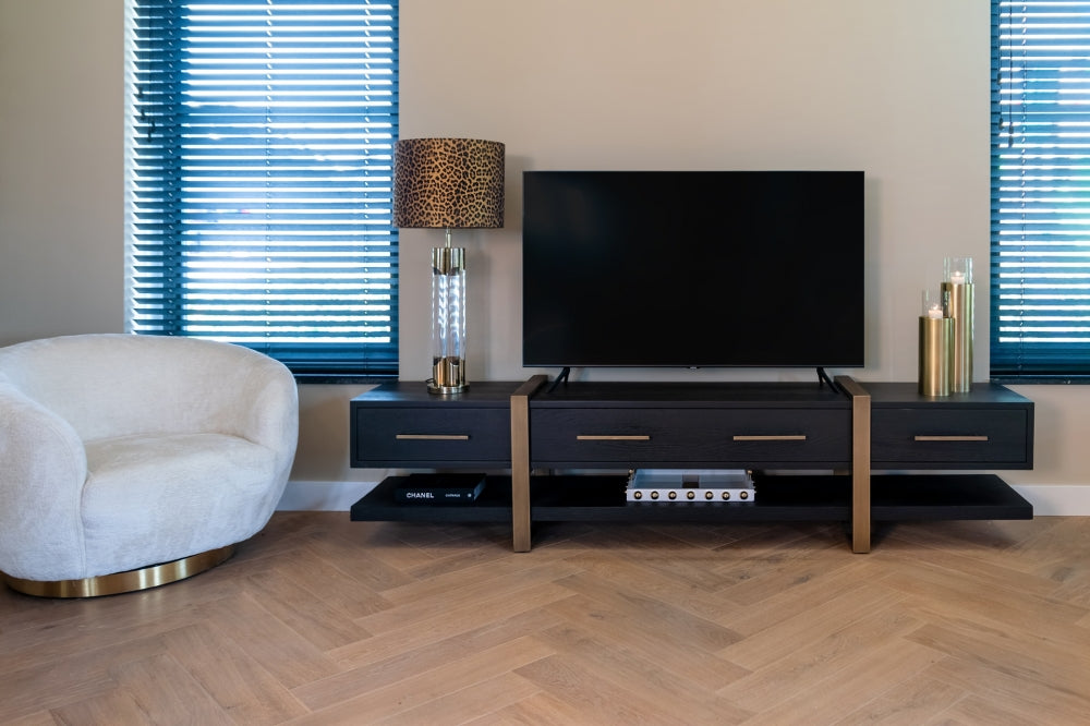 Comoda TV din Metal si Furnir de stejar Bronz/Negru L240xH55cm Cambon Richmond Interiors