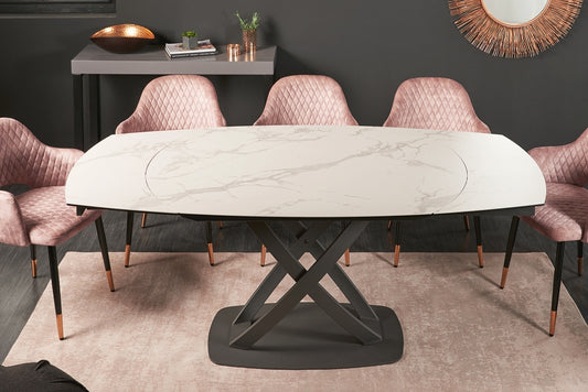 Masa dreptunghiulara extensibila de 6-8 persoane din Ceramica+Sticla securizata si Metal Alb/Negru L130-190xH75cm Inception