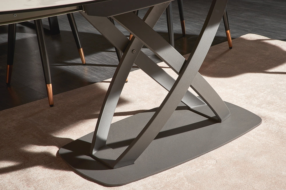 Masa dreptunghiulara extensibila de 6-8 persoane din Ceramica+Sticla securizata si Metal Alb/Negru L130-190xH75cm Inception