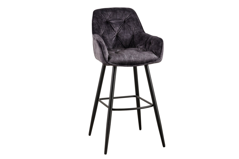 Scaun de bar tapitat cu Catifea Gri cu picioare din Metal Negru H107xL51xA54cm Milano