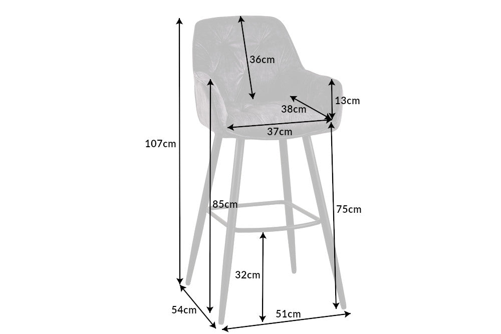 Scaun de bar tapitat cu Catifea Gri cu picioare din Metal Negru H107xL51xA54cm Milano