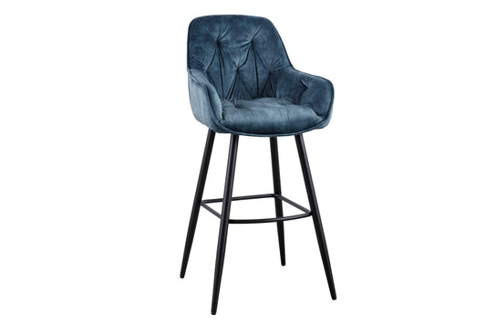 Scaun de bar tapitat cu Catifea Albastru cu picioare din Metal Negru H107xL51xA54cm Milano