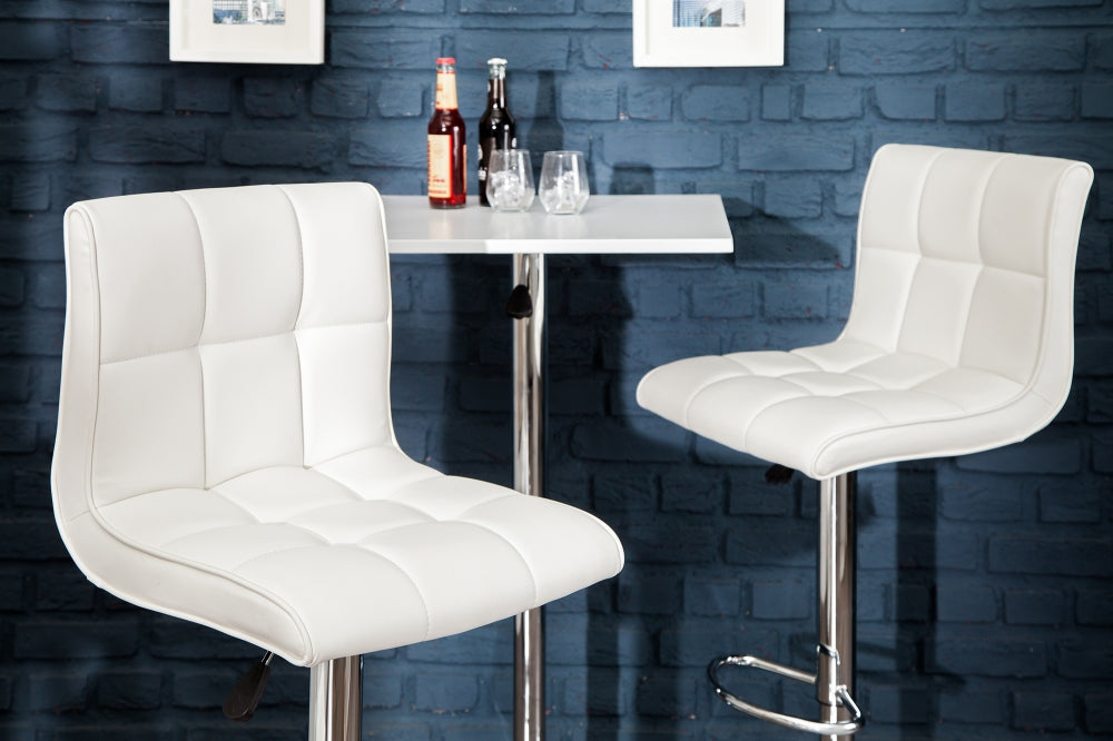 Scaun de bar cu inaltime reglabila tapitat cu Piele artificiala Alb cu picioare din Metal Argintiu H90-115xL45xA50cm Modena
