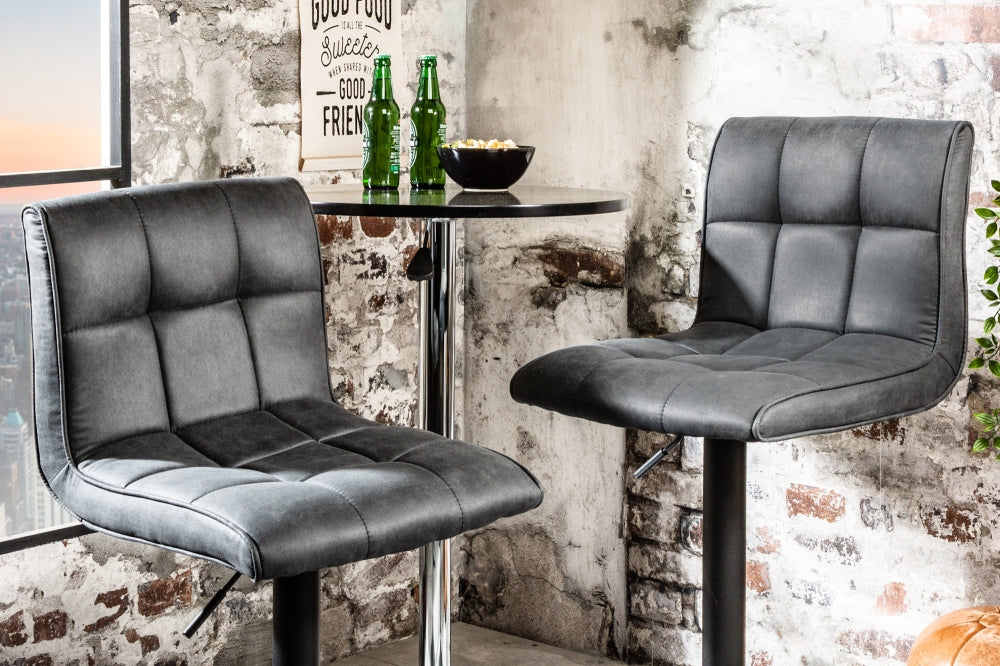 Scaun de bar cu inaltime reglabila tapitat cu Microfibra Gri inchis cu picioare din Metal Negru H95-115xL45xA50cm Modena