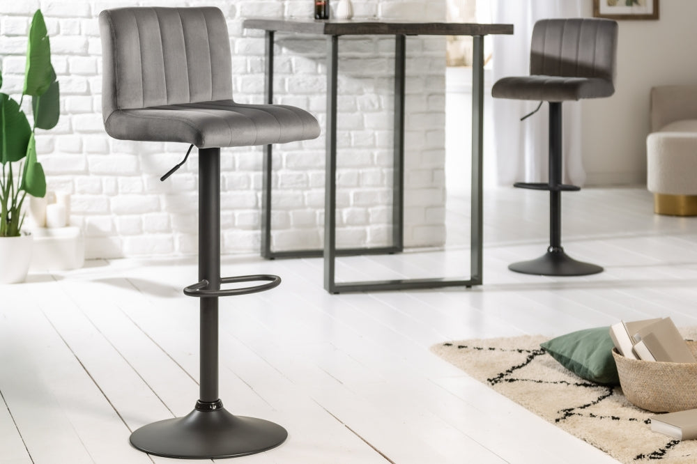 Scaun de bar cu inaltime reglabila tapitat cu Catifea Gri cu picioare din Metal Negru H88-109xL42xA49cm Portland