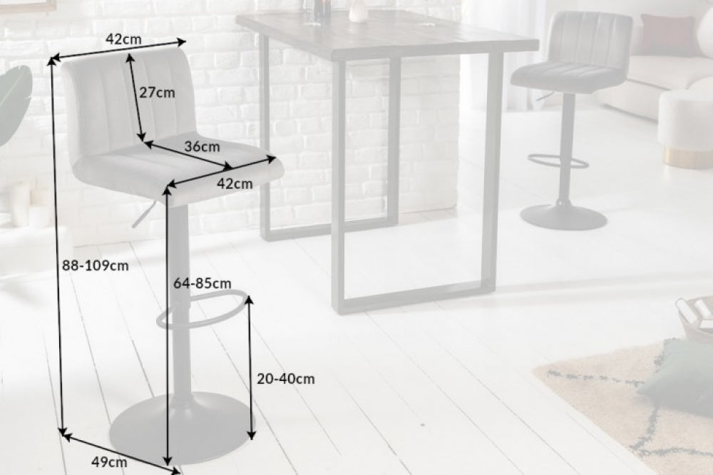 Scaun de bar cu inaltime reglabila tapitat cu Catifea Gri cu picioare din Metal Negru H88-109xL42xA49cm Portland